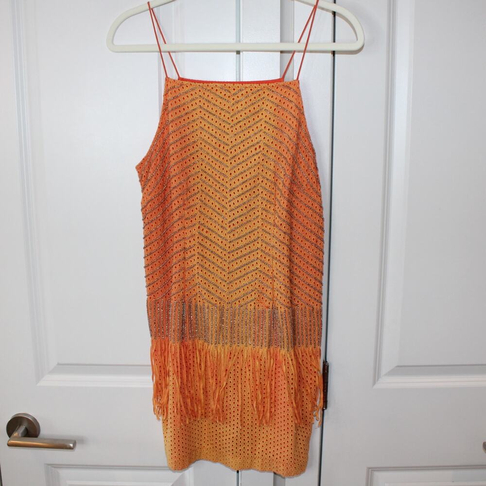 NICOLE MILLER Artelier Orange Fringe Slip Dress | Small